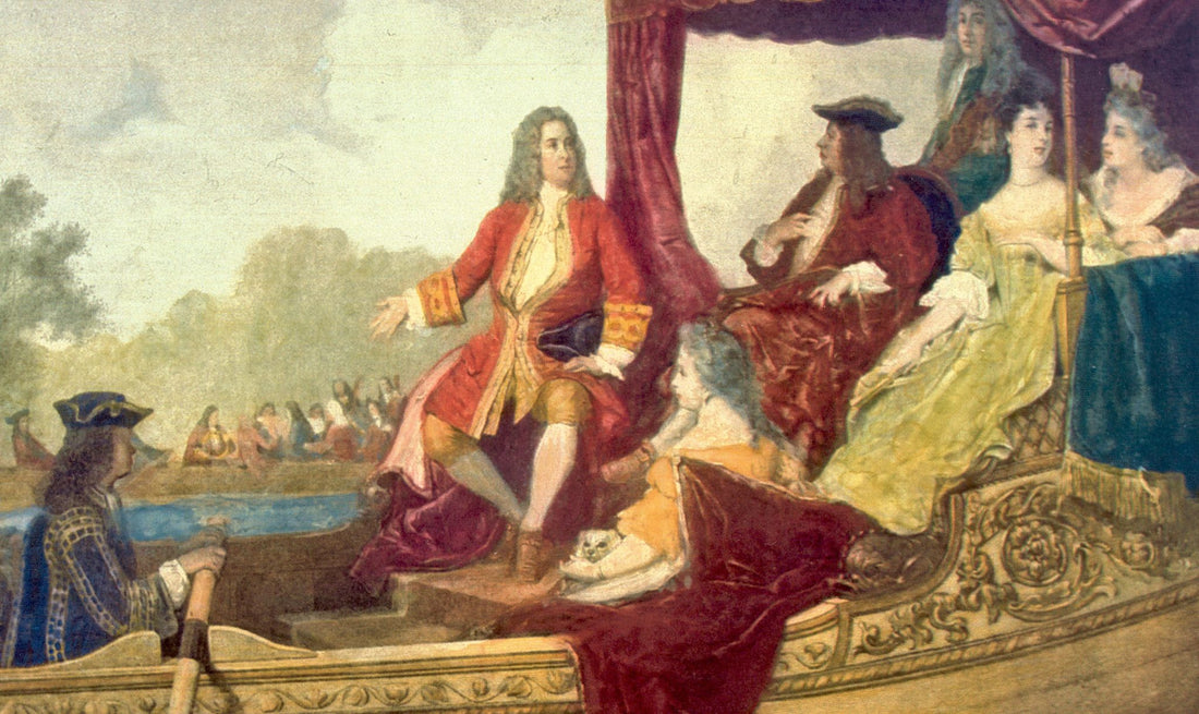 Painting of George Frideric Handel with with King George I at the premiere of Water Music in 1717