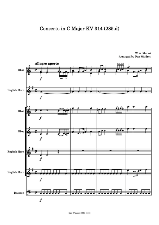 First page of the Mozart C major concerto arranged for double reed band